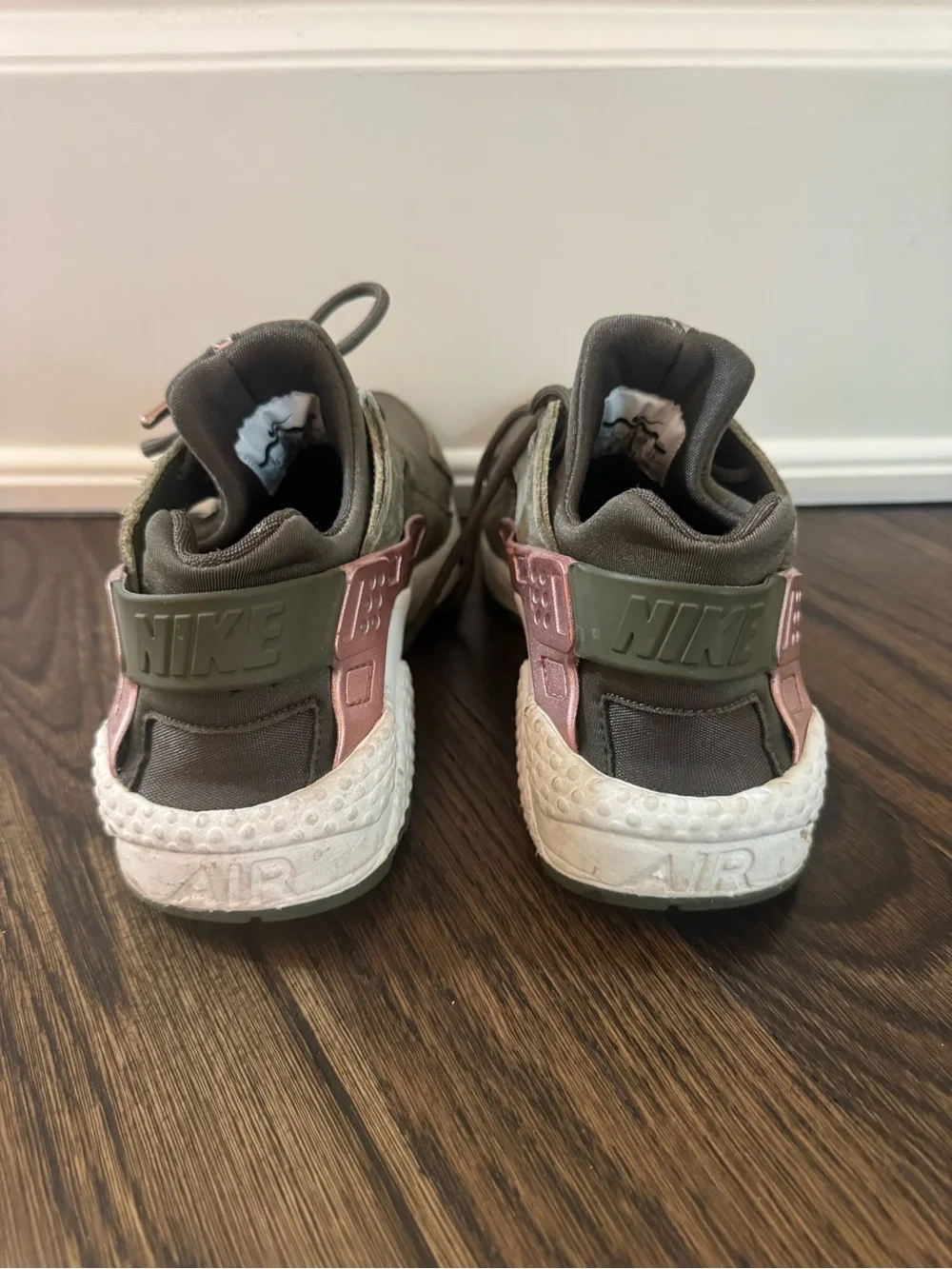 Women’s Olive Green Nike Air Huarache sneakers with Rose Gold Accents